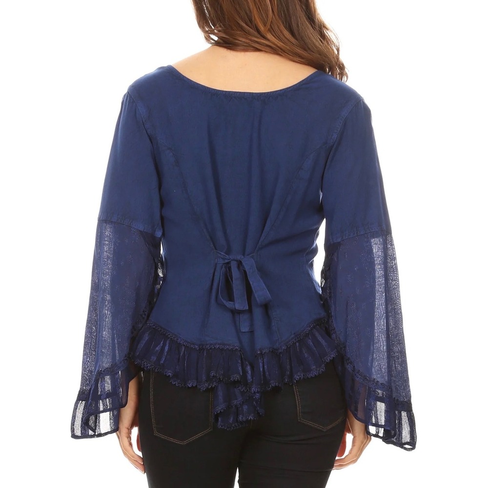 Sakkas Womens Boho Embroidered Bell Sleeve Button Down Blouse Navy Blue Medium - Picture 2 of 10